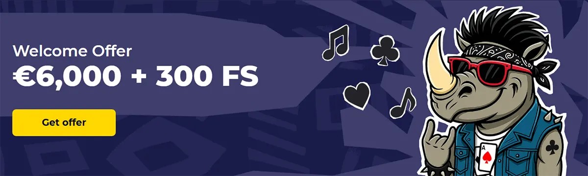 Casino welcome promotion banner featuring the headline “Welcome Offer €6,000 + 300 FS.” The design uses a purple-themed background with a yellow “Get offer” call-to-action button and a cartoon rhinoceros mascot styled as a rock musician, wearing sunglasses, a bandana, and a denim vest while making a hand-sign gesture. Playing card suit icons and musical notes appear around the character, reinforcing a playful casino-entertainment theme.