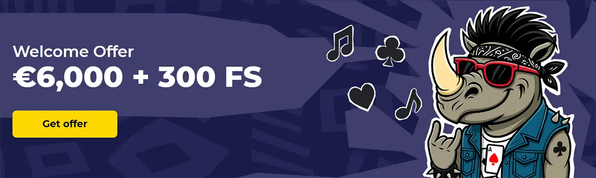 Casino welcome promotion banner featuring the headline “Welcome Offer €6,000 + 300 FS.” The design uses a purple-themed background with a yellow “Get offer” call-to-action button and a cartoon rhinoceros mascot styled as a rock musician, wearing sunglasses, a bandana, and a denim vest while making a hand-sign gesture. Playing card suit icons and musical notes appear around the character, reinforcing a playful casino-entertainment theme.