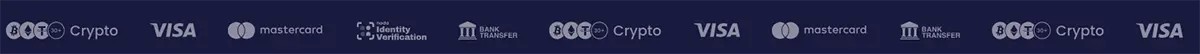 Horizontal casino payment and verification methods banner displayed on a dark blue background, featuring white logos for BC.Game Crypto (BXT Crypto), Visa, Mastercard, Identity Verification, and Bank Transfer, repeated across the strip to highlight the platform’s supported payment options and identity verification process for deposits, withdrawals, and account security.