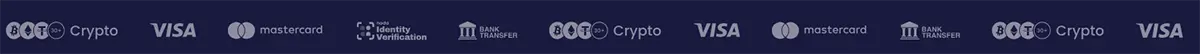 Horizontal casino payment and verification methods banner displayed on a dark blue background, featuring white logos for BC.Game Crypto (BXT Crypto), Visa, Mastercard, Identity Verification, and Bank Transfer, repeated across the strip to highlight the platform’s supported payment options and identity verification process for deposits, withdrawals, and account security.
