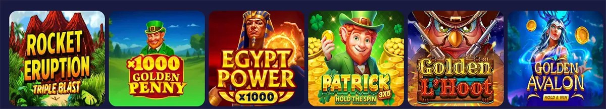 Online casino slot game thumbnails including Rocket Eruption, 1000 Golden Penny, Egypt Power, Patrick Hold the Spin, Golden Hoot, and Golden Avalon