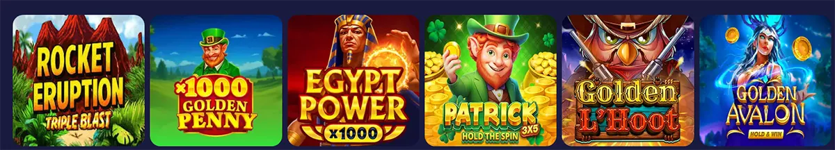 Online casino slot game thumbnails including Rocket Eruption, 1000 Golden Penny, Egypt Power, Patrick Hold the Spin, Golden Hoot, and Golden Avalon