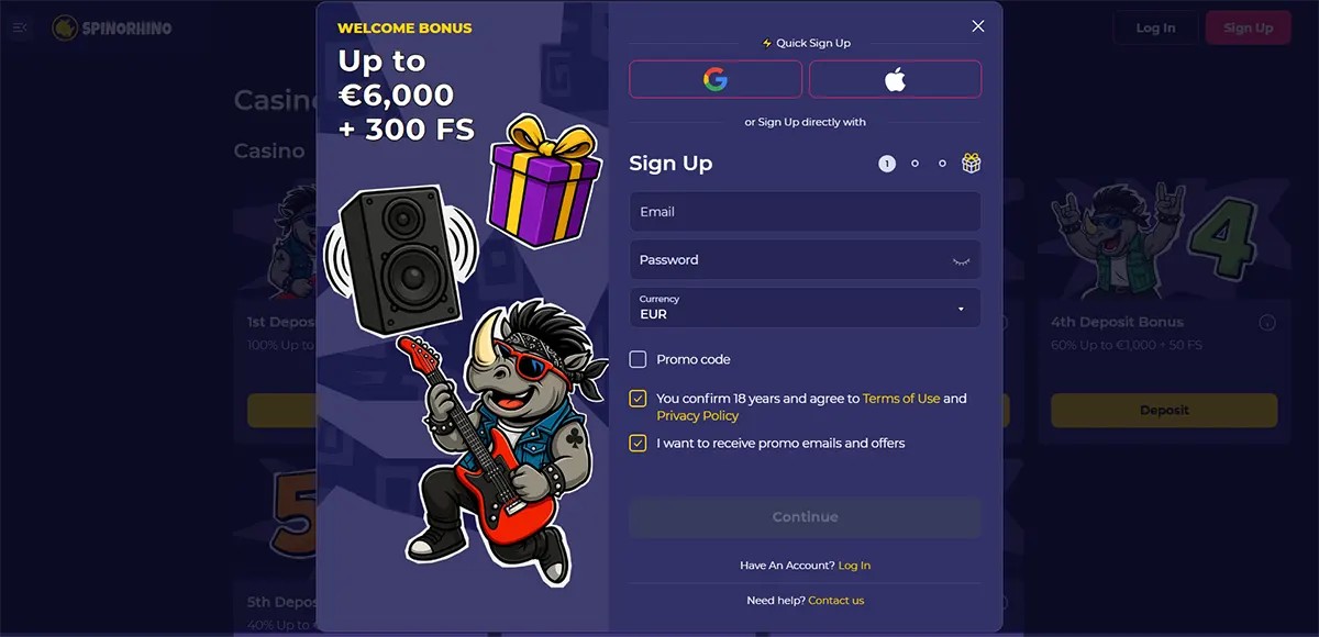 Casino welcome bonus popup with €6,000 + 300 free spins and sign-up form interface