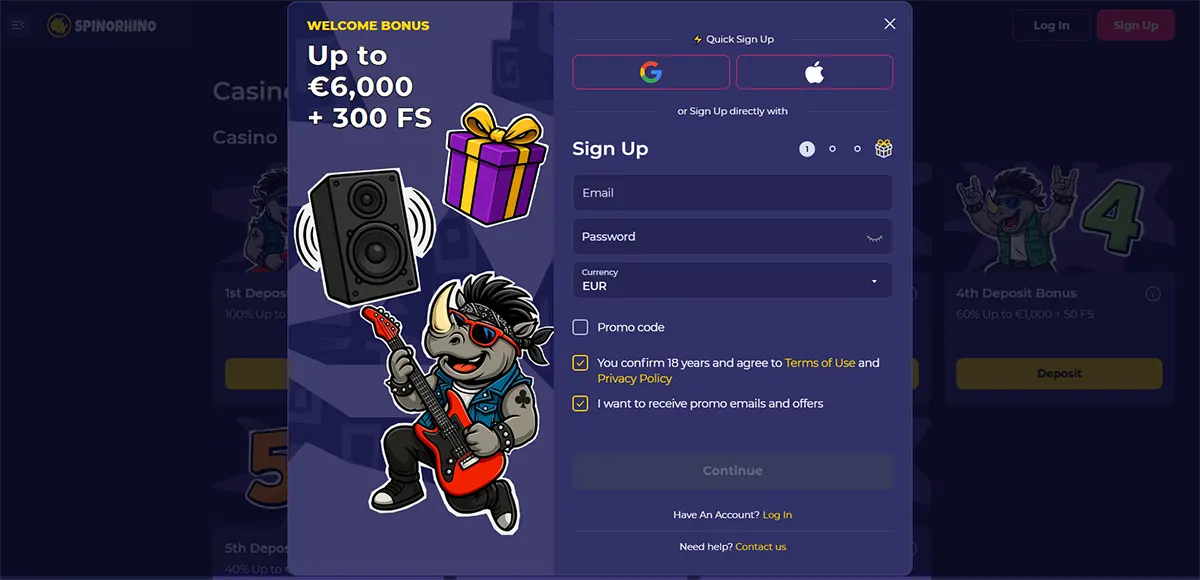 Casino welcome bonus popup with €6,000 + 300 free spins and sign-up form interface